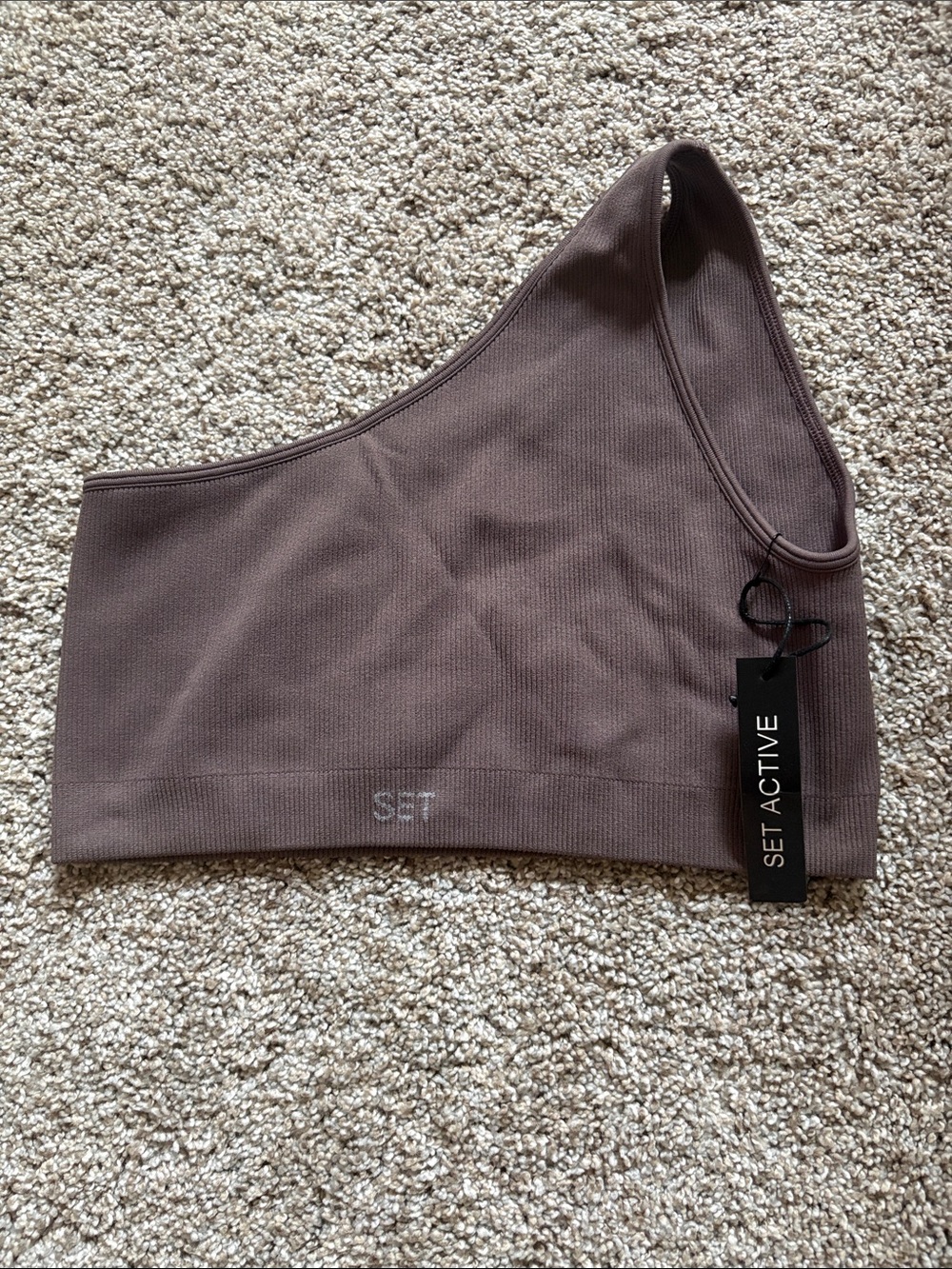 SET Active One-Shoulder Ribbed Bodysuit Top - Taupe